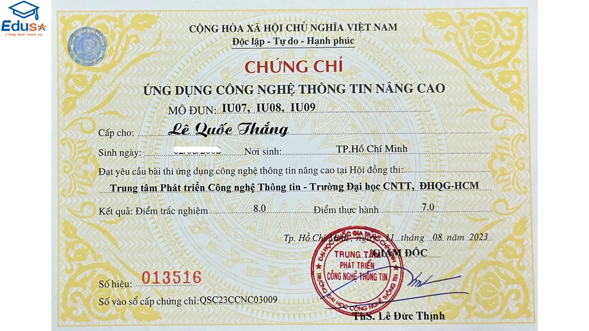 Mẫu chứng chỉ tin học nâng cao theo Thông tư 03
