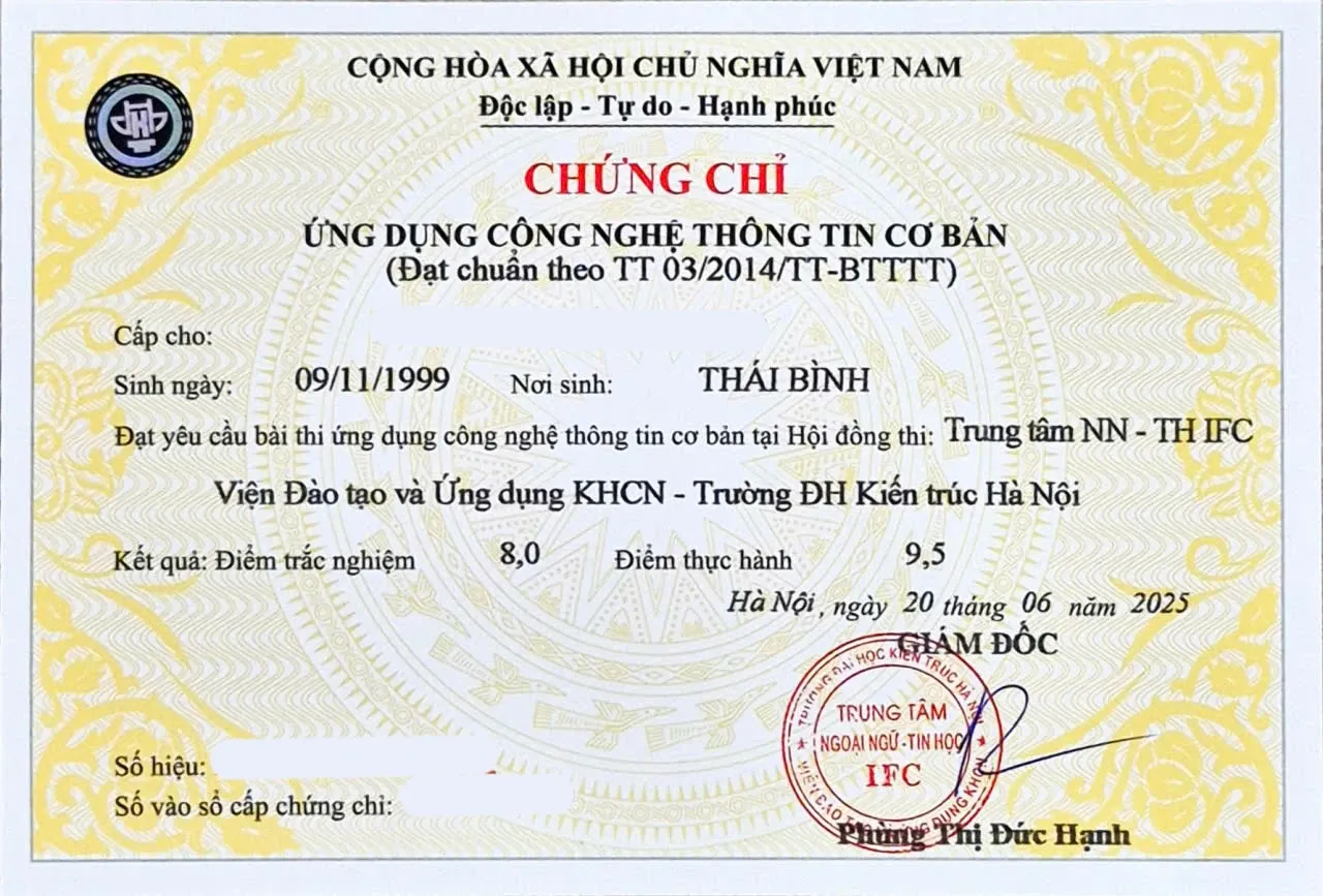 Mẫu Chứng chỉ Tin học ứng dụng Công nghệ Thông tin được cấp cho học viên