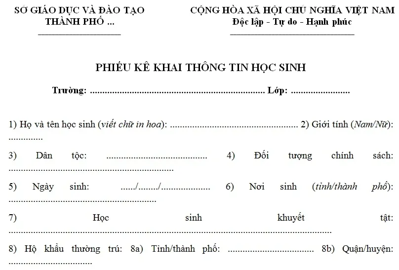 Mẫu phiếu kê khai thông tin học sinh năm học 2024-2025