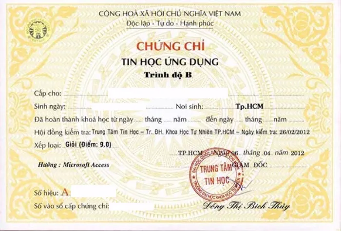 Mẫu phôi chứng chỉ tin học A B C cũ do Bộ Giáo dục và Đào tạo cấp
