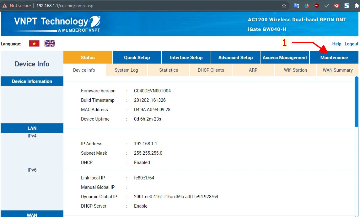 Menu Maintenance trong quy trình thực hiện cách cài đặt lại modem