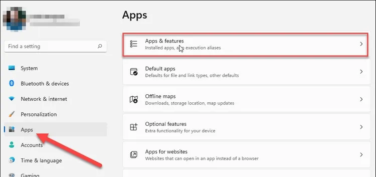 Menu quản lý ứng dụng đã cài đặt trên hệ điều hành Windows 11