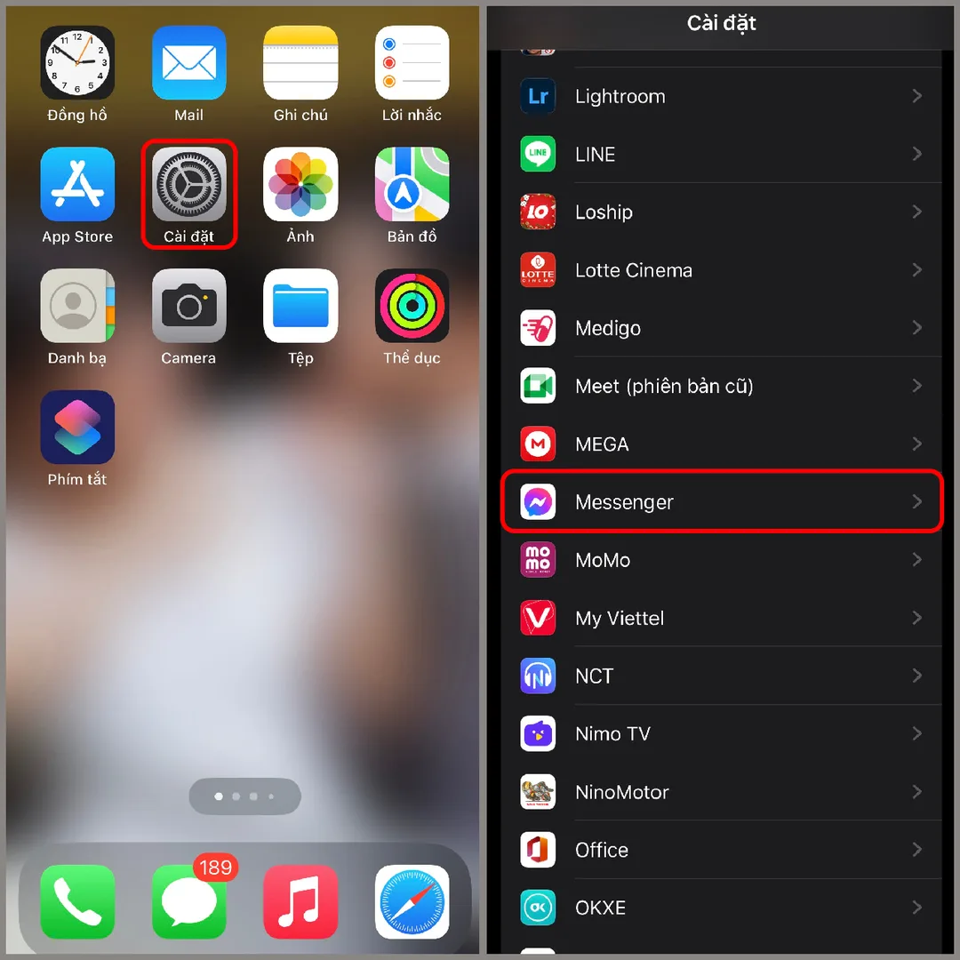 Mở Cài đặt iPhone và tìm ứng dụng Messenger