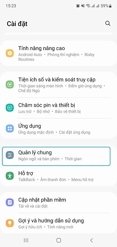Mở Cài đặt và chọn Quản lý chung
