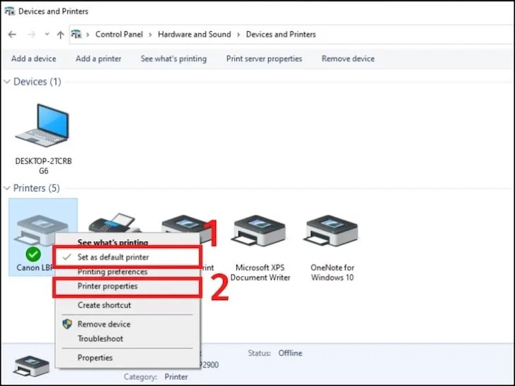 Mở Printer properties của Canon LBP 3300