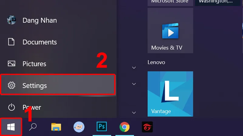 Mở Settings từ Menu Start