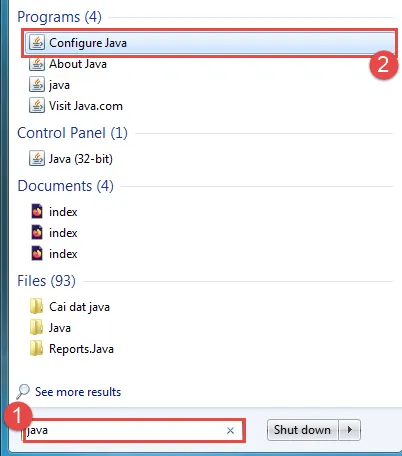 Mở ứng dụng cấu hình Java từ bảng điều khiển hệ thống