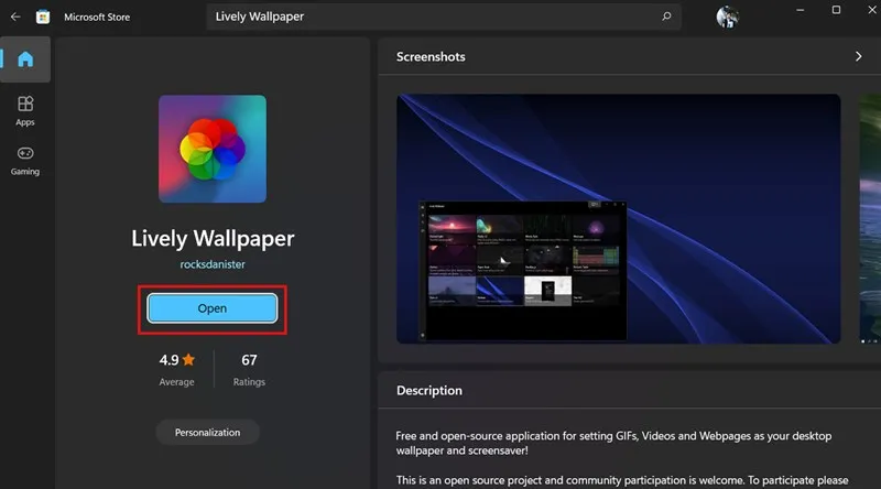 Mở ứng dụng Lively Wallpaper để bắt đầu tùy chỉnh hình nền