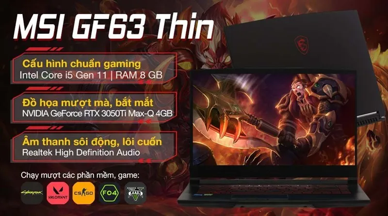 Mẫu MSI GF63 Thin 11UD với thiết kế vỏ nhôm phay xước sang trọng
