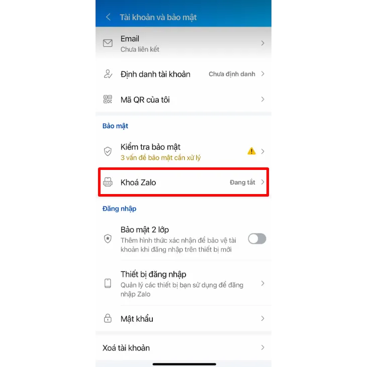 Mục Khóa Zalo trong cài đặt bảo mật