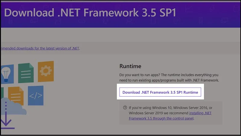 Nhấn vào Download .NET Framework 3.5 SP1 Runtime