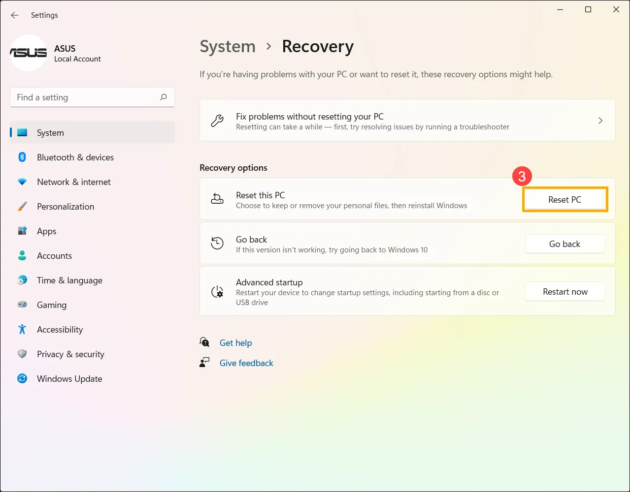 Người dùng lựa chọn nút Reset PC trong giao diện Recovery