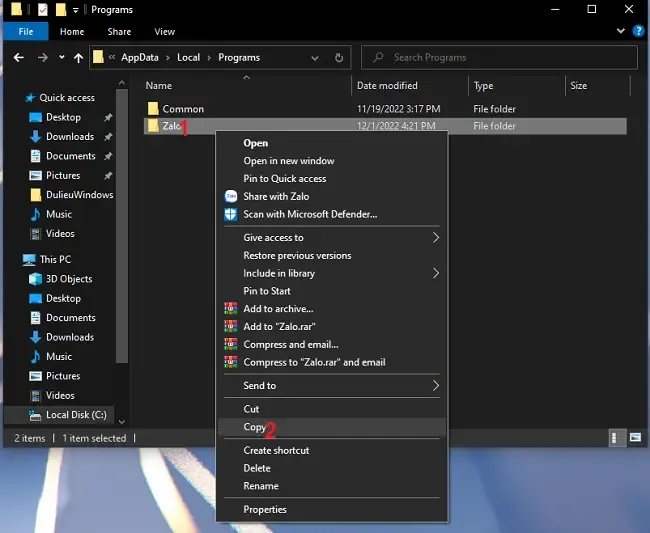 Nhân bản thư mục ứng dụng cho cách cài 2 zalo trên máy tính