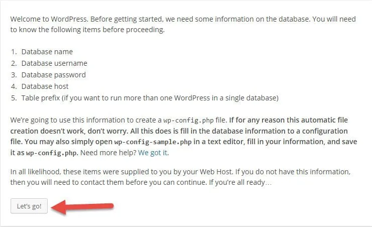 Nhấn Let's Go để bắt đầu cấu hình database