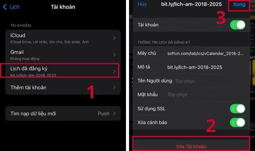 Nhấn nút xóa tài khoản để loại bỏ hoàn toàn lịch âm khỏi máy