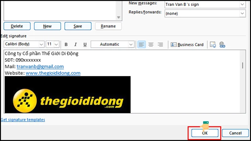 Nhấn OK để hoàn tất việc tạo chữ ký email tự động