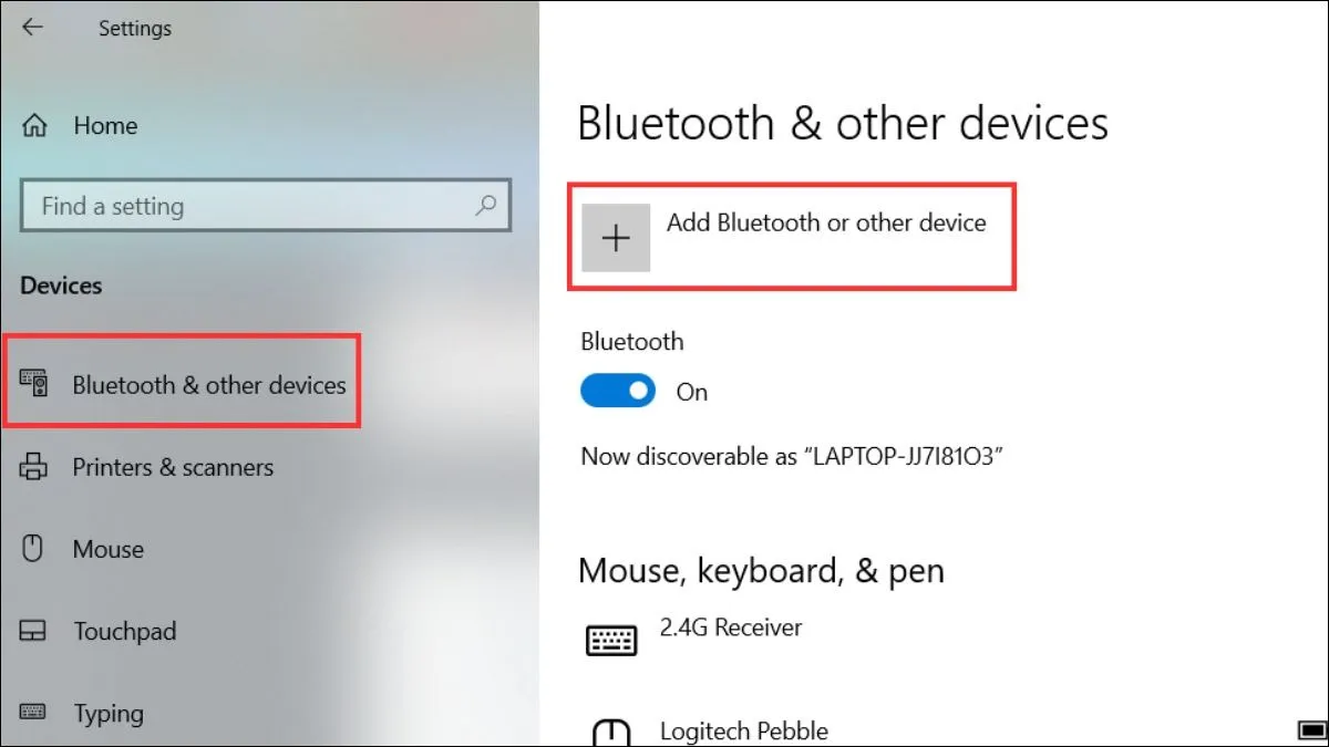 Nhấn tổ hợp phím Windows + I, sau đó chọn Device, kế đó chọn Bluetooth and Other Devices rồi nhấn Add Bluetooth or other device.