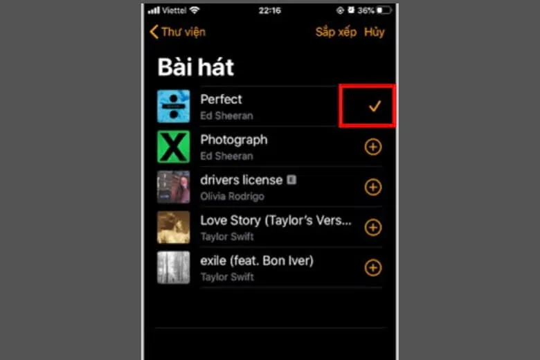 Nhấn vào dấu cộng bên cạnh bài hát để thêm vào danh sách âm báo tùy chỉnh