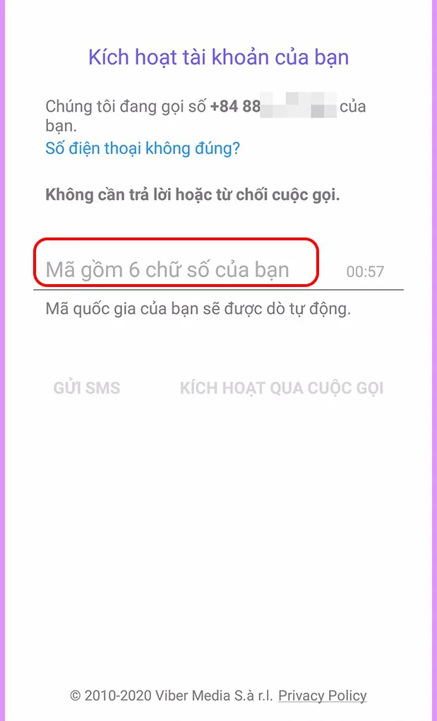 Nhập mã kích hoạt Viber