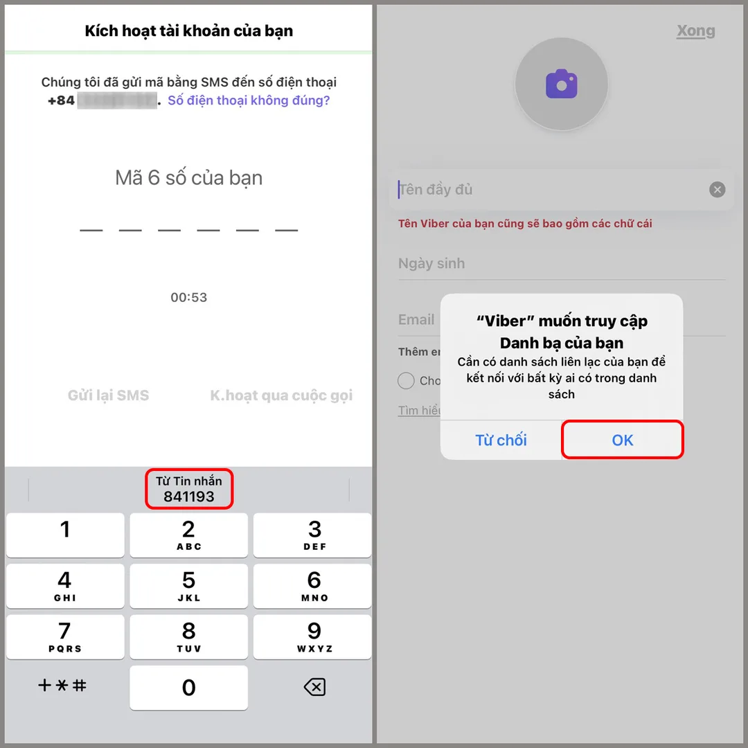 Nhập mã xác minh SMS và cho phép truy cập danh bạ
