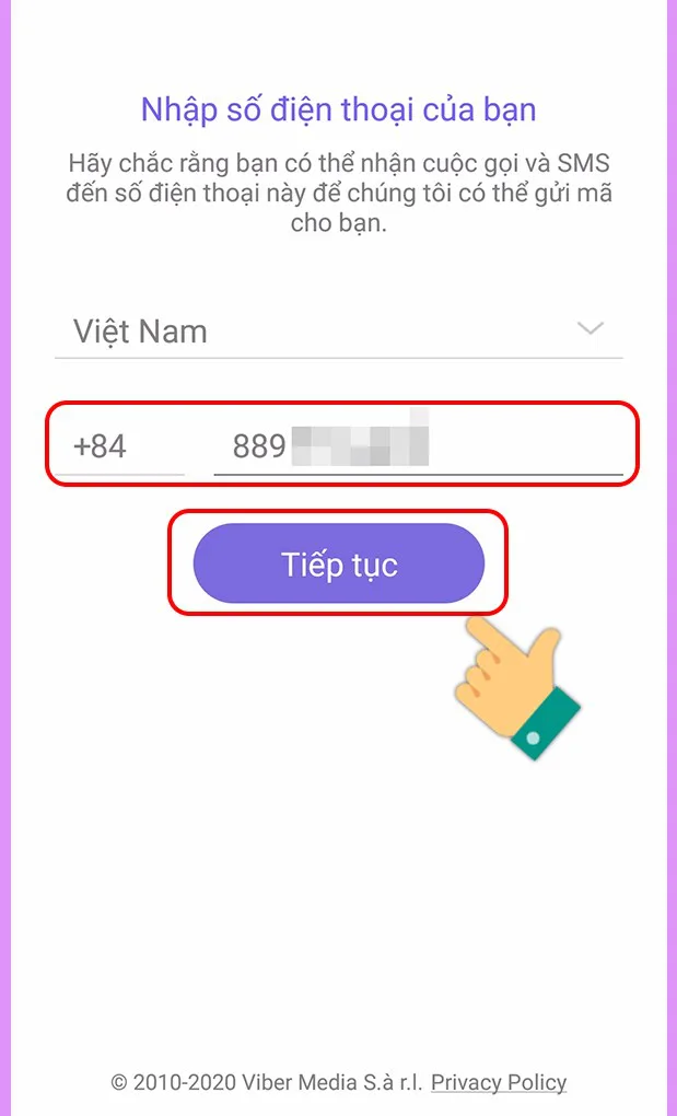Nhập số điện thoại đăng ký Viber