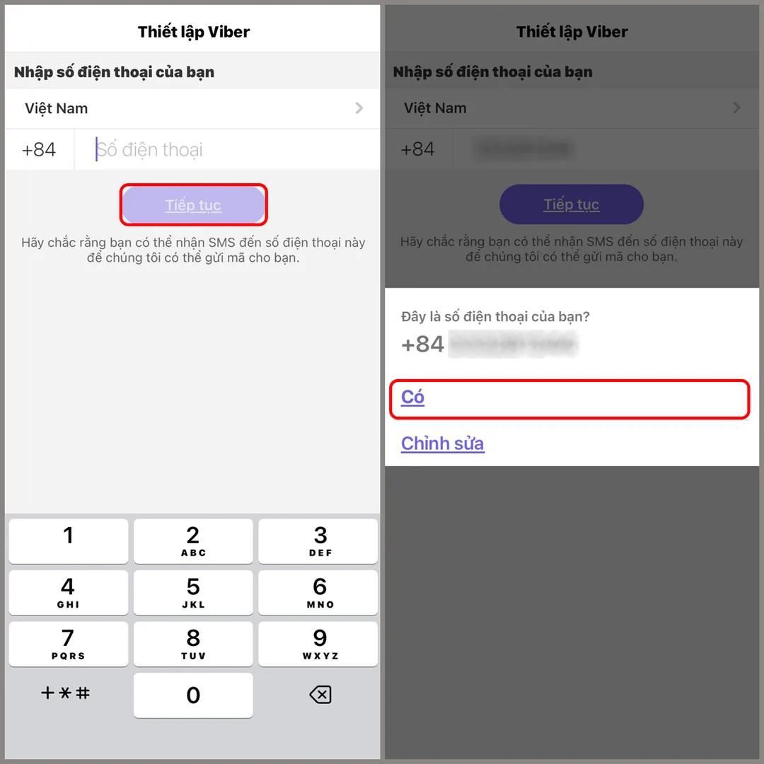 Nhập số điện thoại và xác nhận để kích hoạt Viber