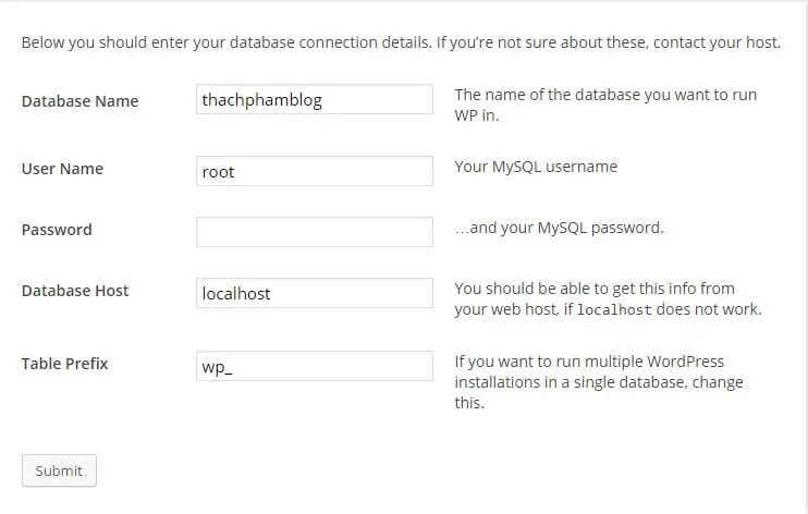 Nhập thông tin database vào form cài đặt