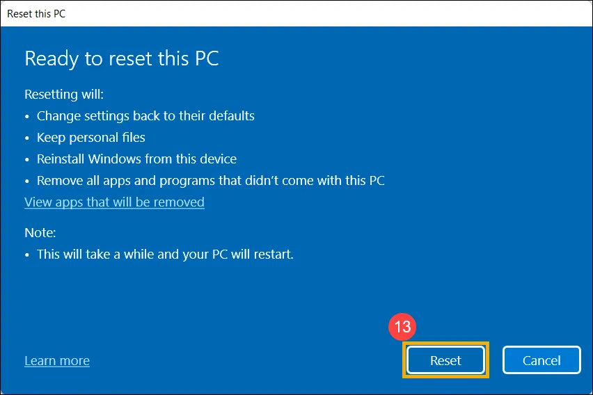 Nút Reset cuối cùng để thực hiện cài đặt lại Windows