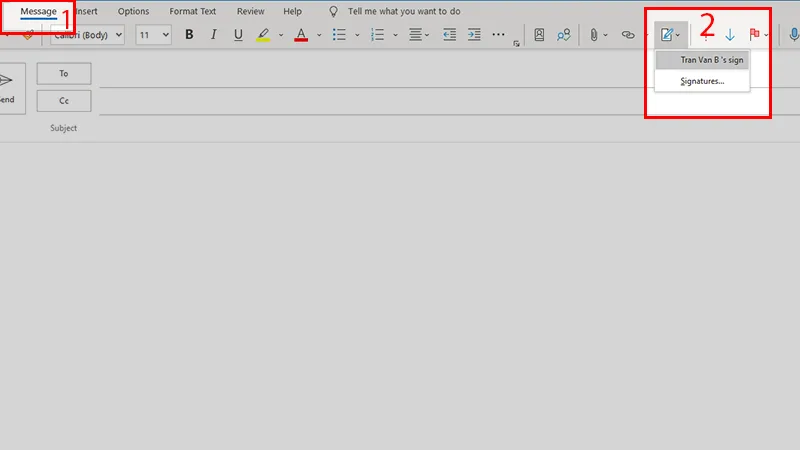 Ở menu thả xuống của Signature, chọn chữ ký đã tạo muốn thêm vào thư mới
