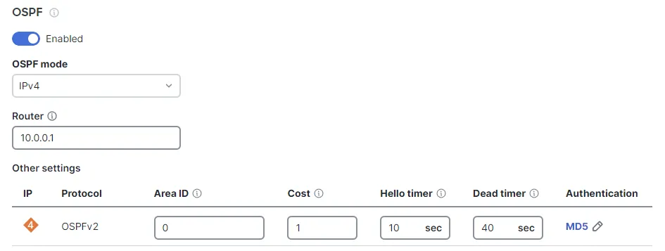 Screenshot of the Routing page after OSPF is enabled.