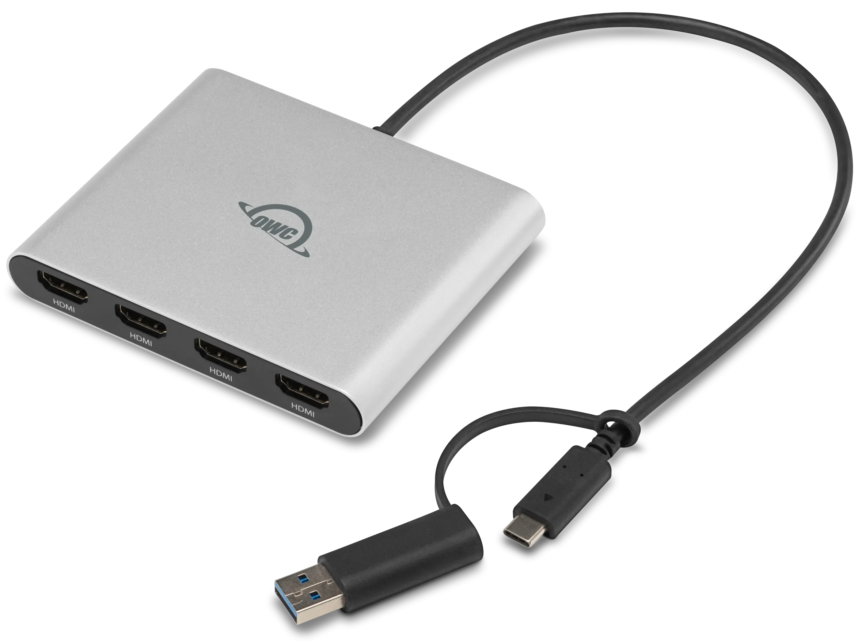 Cận cảnh bộ chuyển đổi OWC USB-C Quad HDMI 4K kèm theo adapter USB-C sang USB-A cho các dòng máy cũ