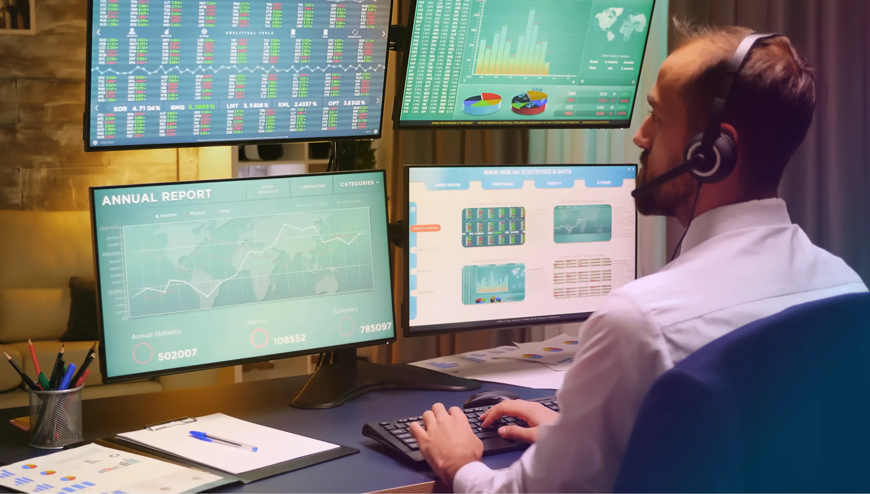 Giao dịch viên chứng khoán theo dõi sát sao mọi biến động thị trường nhờ hệ thống hiển thị dữ liệu tập trung