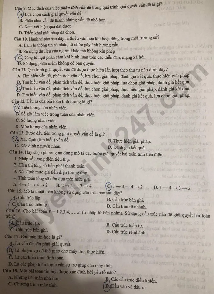 Phần câu hỏi trắc nghiệm đề thi cuối kì 1 môn tin học Bắc Giang
