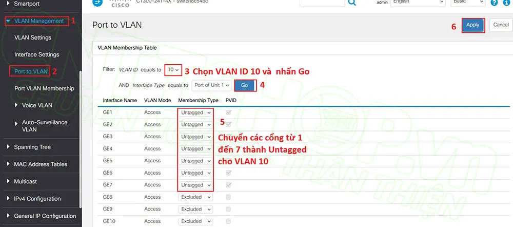access các ports từ 1 đến 7 vào VLAN 10