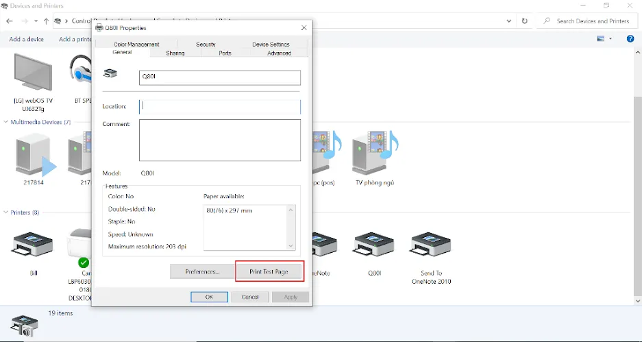 Thực hiện in thử trang kiểm tra Driver