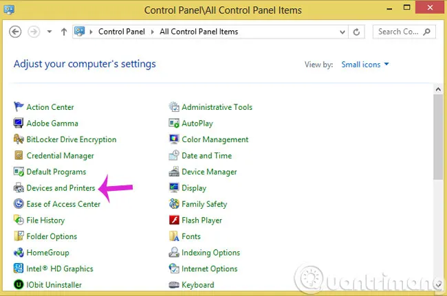 Truy cập Devices and Printers từ Control Panel