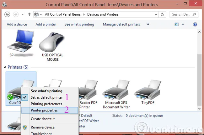Mở thuộc tính Printer Properties trên Windows 10