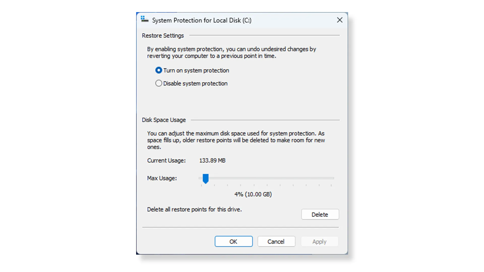 Kéo thanh trượt để điều chỉnh dung lượng đĩa tối đa dành cho các điểm sao lưu khôi phục an toàn