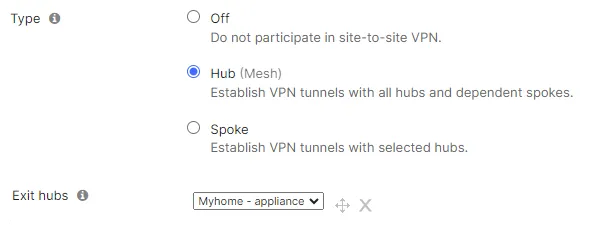 Screenshot of the Site-to-site VPN settings page. This Security appliance is configured as a Hub, and has an exit hub selected.