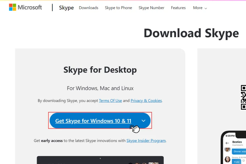 Nhấn chọn Get Skype for Windows 10 & 11 để tải xuống trình cài đặt Skype cho máy tính
