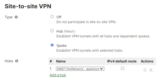 Screenshot of the Site-to-site VPN settings page. This Security appliance is configured as a spoke, and has a hub selected and IPv4 default route is not selected.