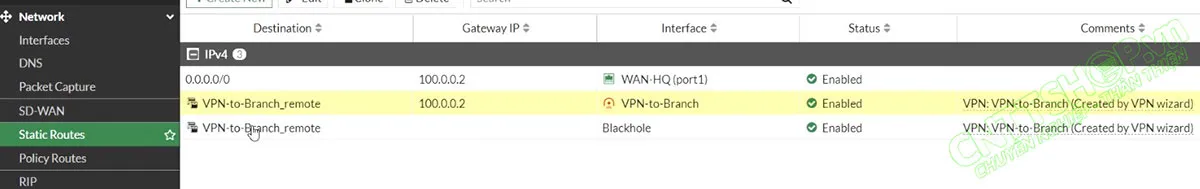 static route cũng được tạo tự động cho VPN tunnel