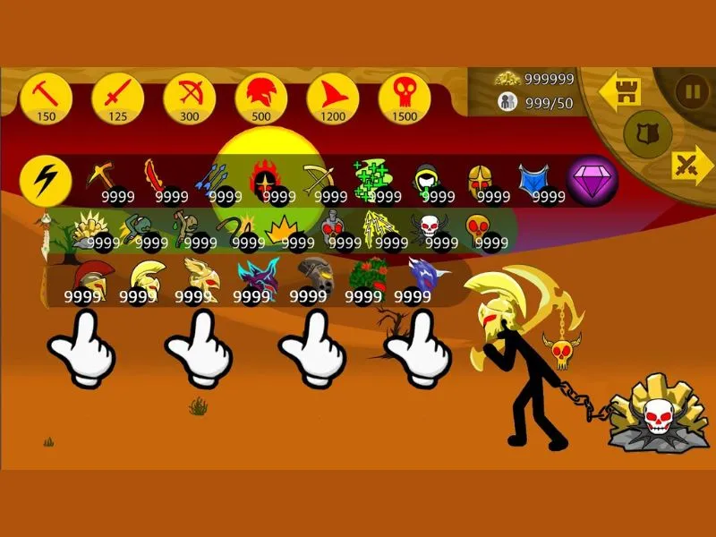 Kho trang bị và skin đa dạng trong Stick War Legacy được mở khóa hoàn toàn khi dùng bản mod.