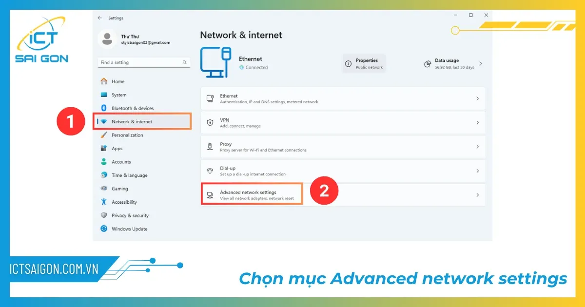 Vào phần cài đặt mạng nâng cao trên Windows 10
