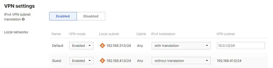 Screenshot of the Site-to-site VPN settings page. VPN subnet translation is enabled.