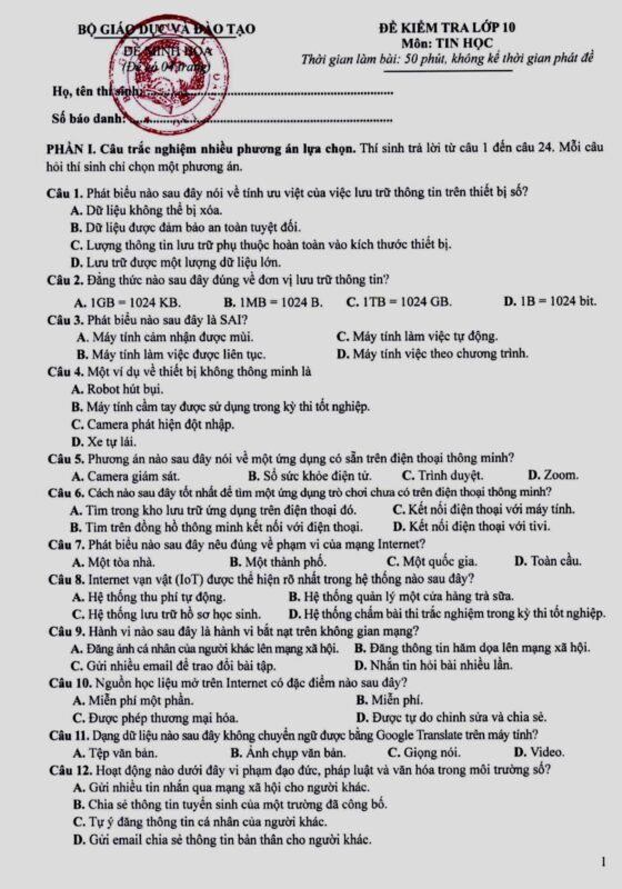 Đề Thi Tin Học Lớp 3 Cuối Kì 1 Năm Học 2025 - 2026 Chuẩn Nhất