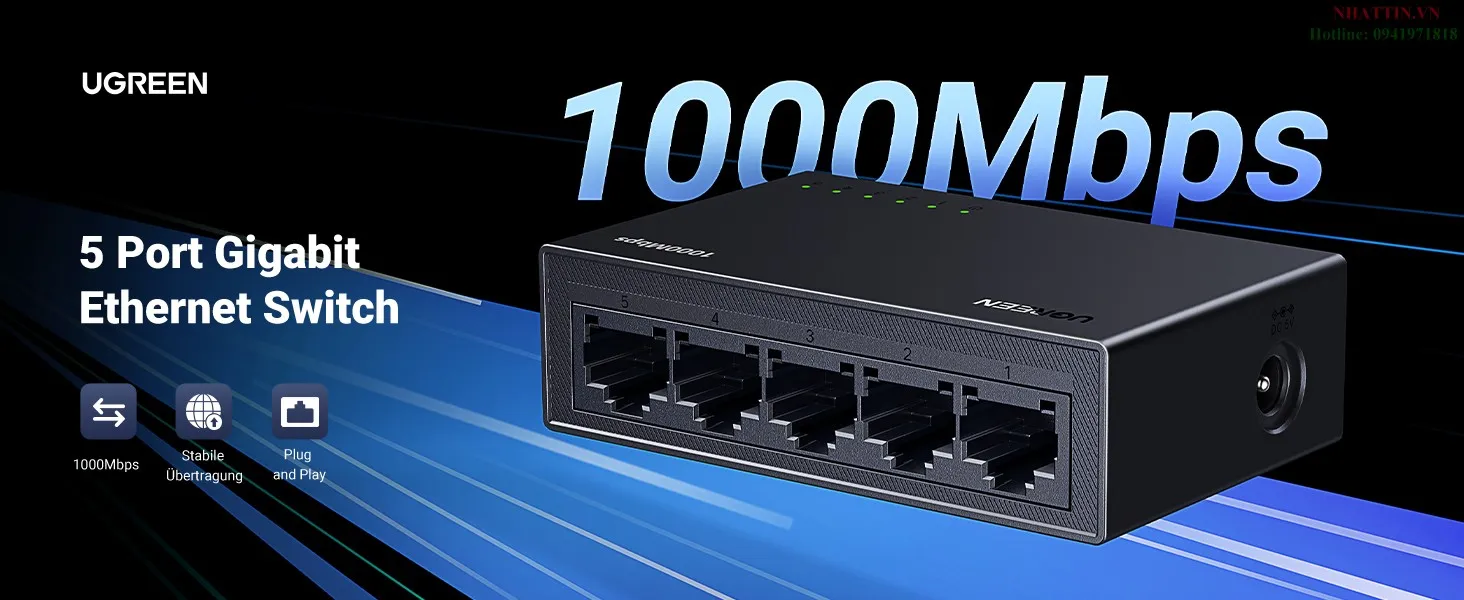 Switch chia mạng 5 cổng LAN Gigabit RJ45 10/100/1000Mbps Ugreen 35492EU cao cáº¥p (EU Plug)