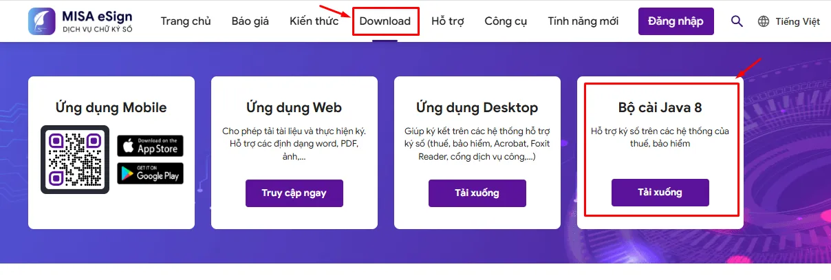 Vị trí tải bộ cài Java 8 tiêu chuẩn tại website hỗ trợ MISA