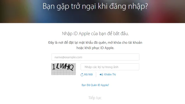 Giao diện nhập email khôi phục trên trang chủ Apple