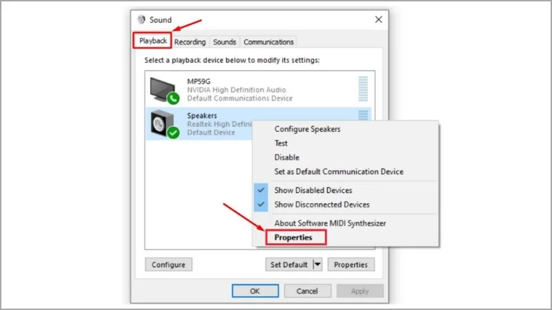 Tại thẻ Playback chọn loa đang hoạt động rồi chọn Properties
